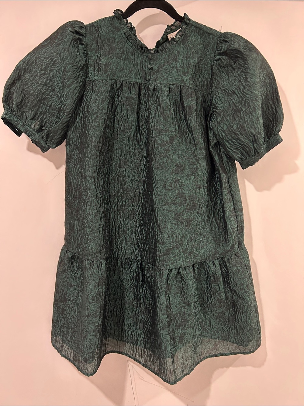Moon River Textured Puff Sleeve Babydoll Dress - Deep Forest Green Size M
